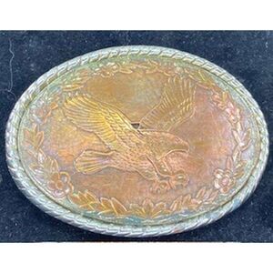 1970s/80s Wells Buckle Company (USA) belt buckle with a copper tone flying bald